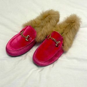 Designer inspired hot pink velvet with tan real fur slipper shoe